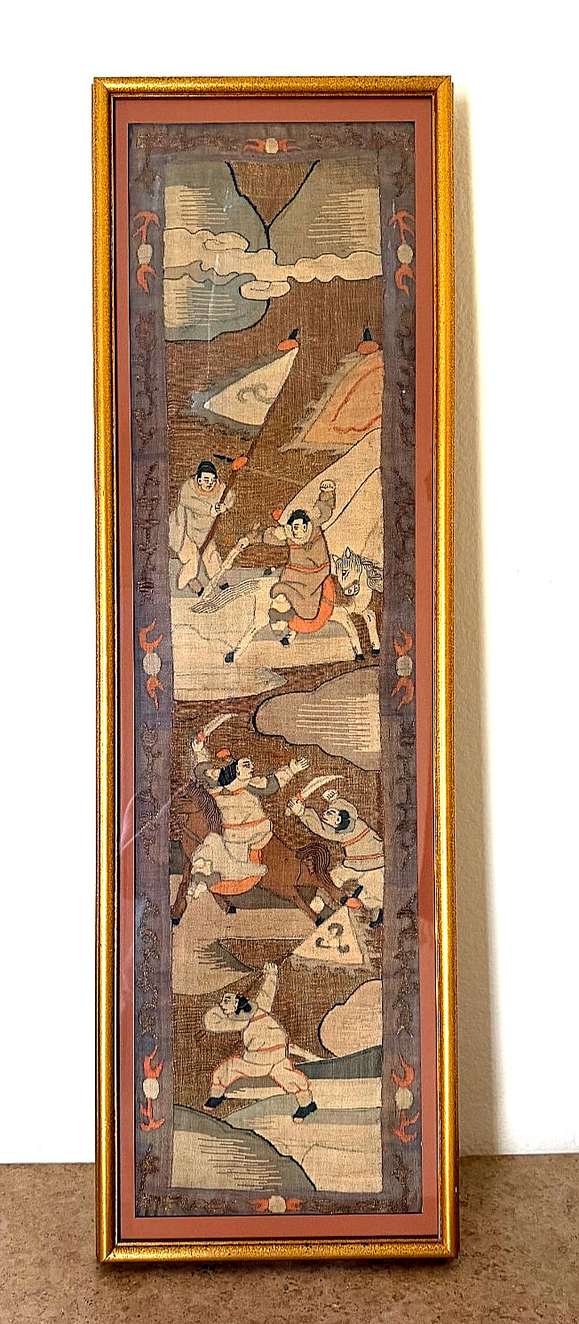 FRAMED/MATTED Qing Dynasty Silk Kesi Warrior Battle Scene Tapestry China 19th c.