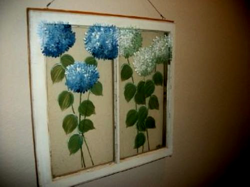 Antique Double Pane Window Architectural Salvage Hydrangea Painting Upcycled
