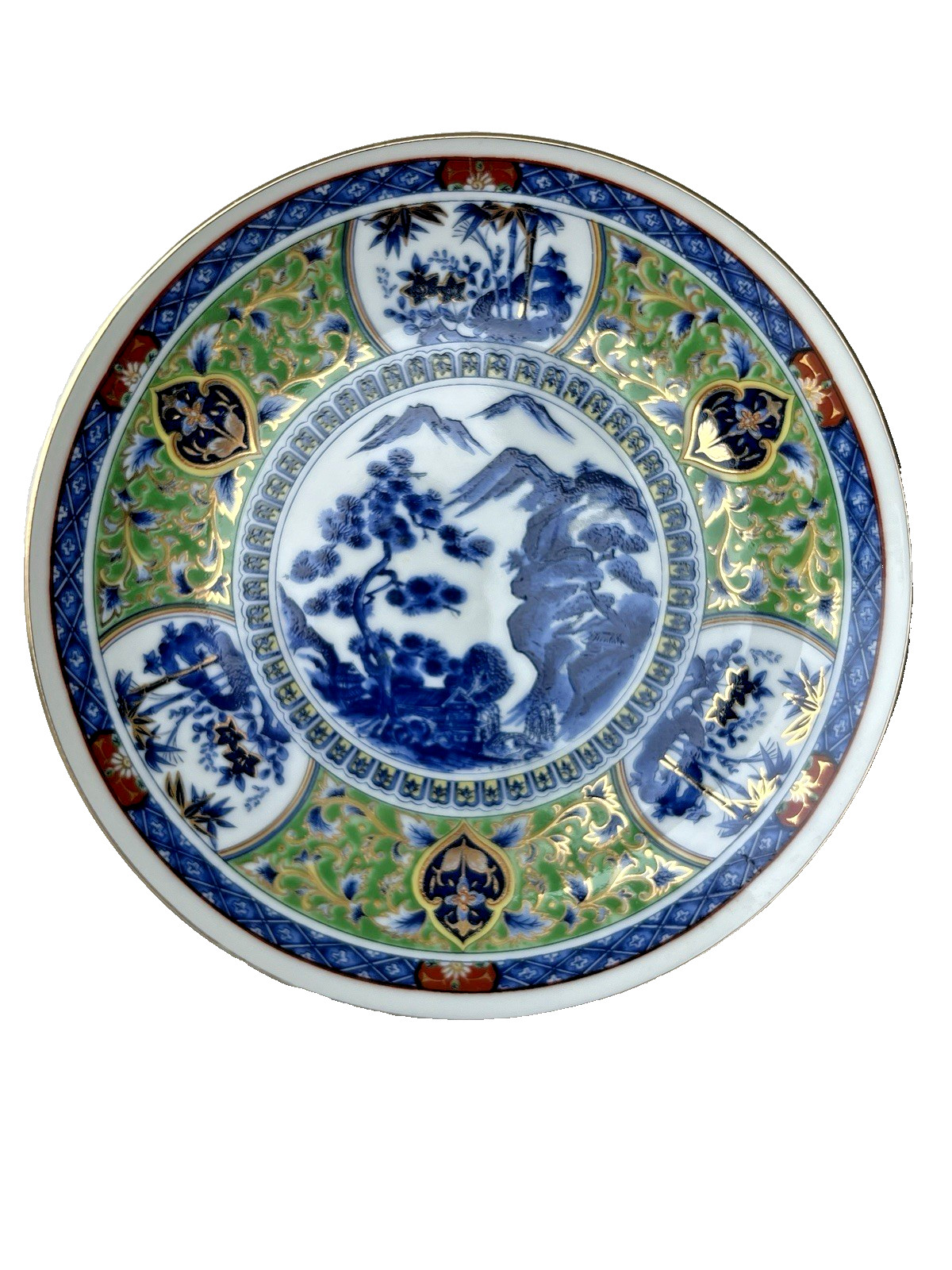 Vintage ~Imari Ware 6-1/2” Plate Japan Blue Green Mountain Scene Gold Trim