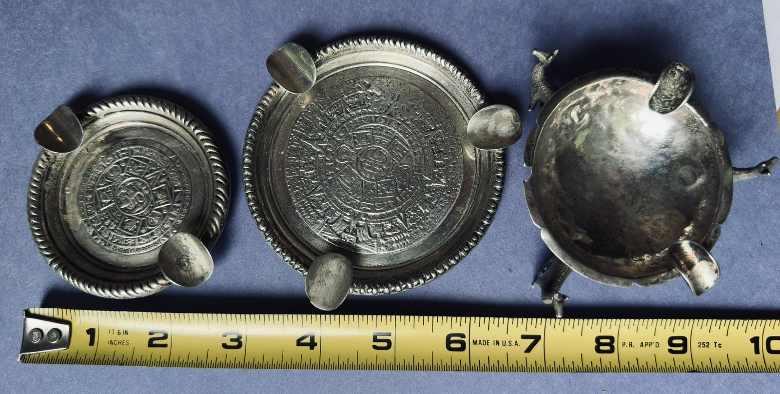 Vtg LOT of 3 Mayan Calendar 925 Sterling Silver Ashtray Mexico Alpaca 124g