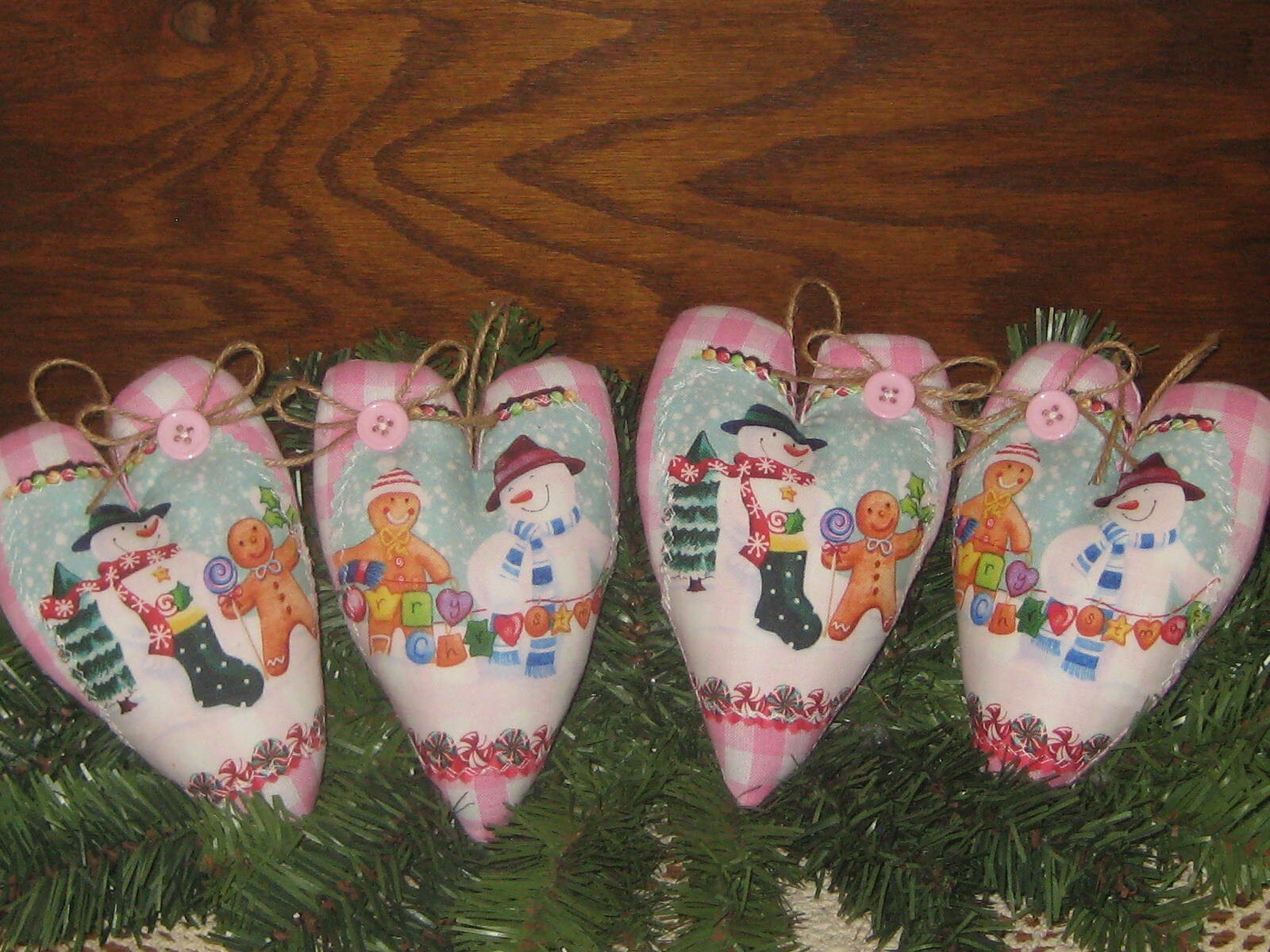 Pink Christmas 4 Check Hearts Appliqued Gingerbread Snowmen Tree Ornaments