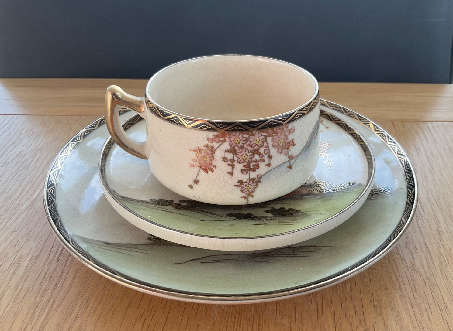Vintage JAPANESE SATSUMA POTTERY LANDSCAPE CUP SAUCER PLATE MEIJI Signed.