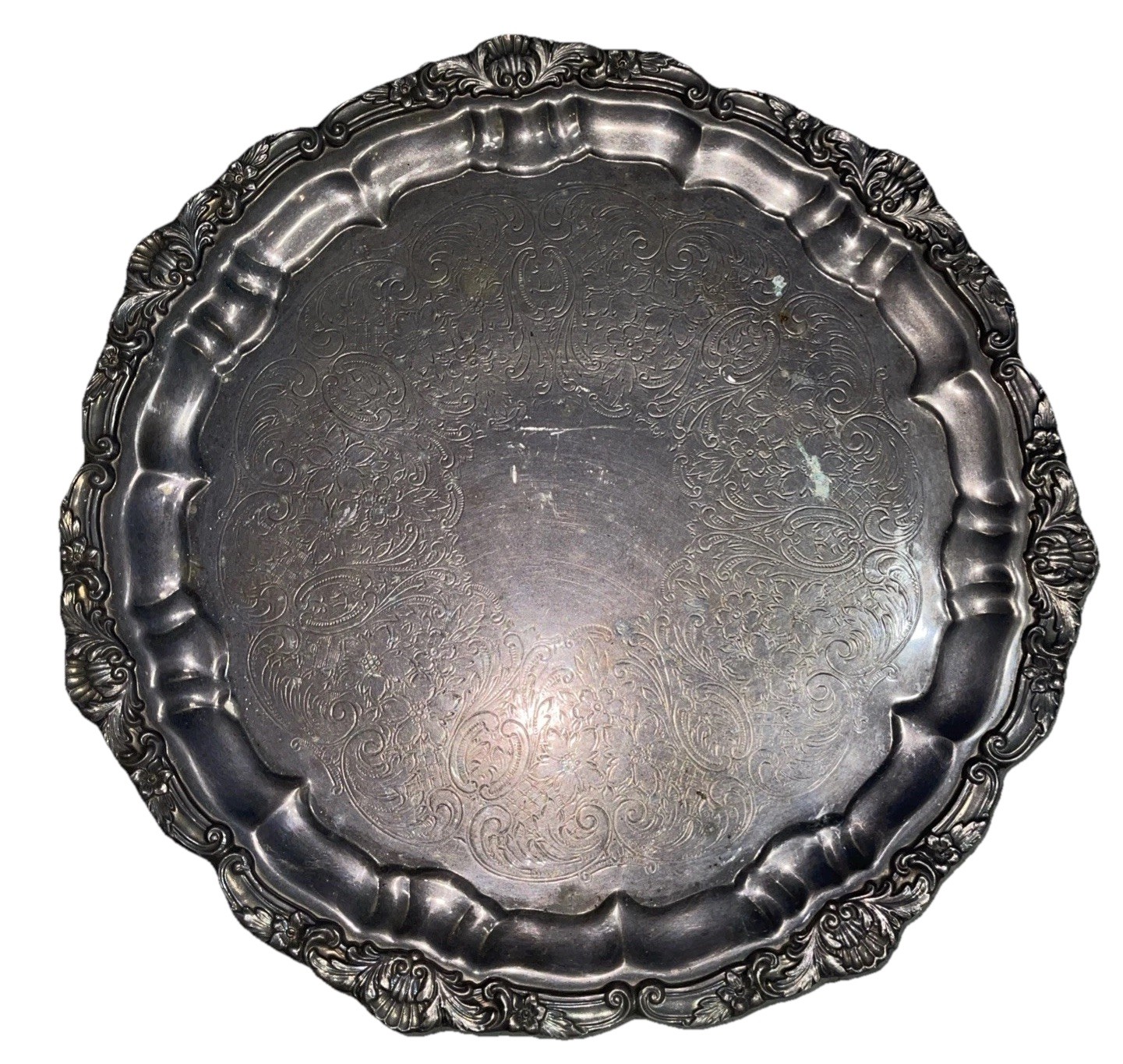VINTAGE EPCA OLD ENGLISH SILVERPLATE BY POOLE SERVING TRAY, 12” DIAMETER