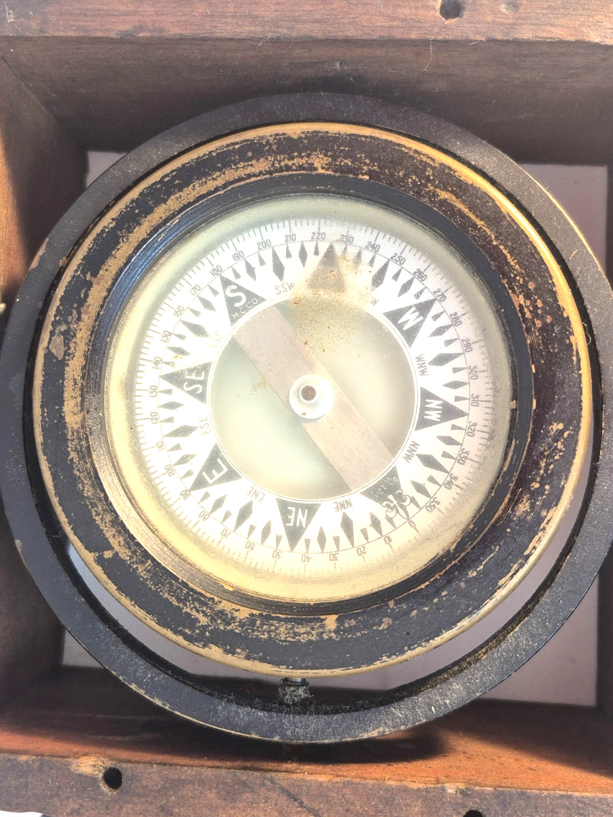 Antique Marine Compass with Hardwood Case, Brass Gimballed Maritime Compass