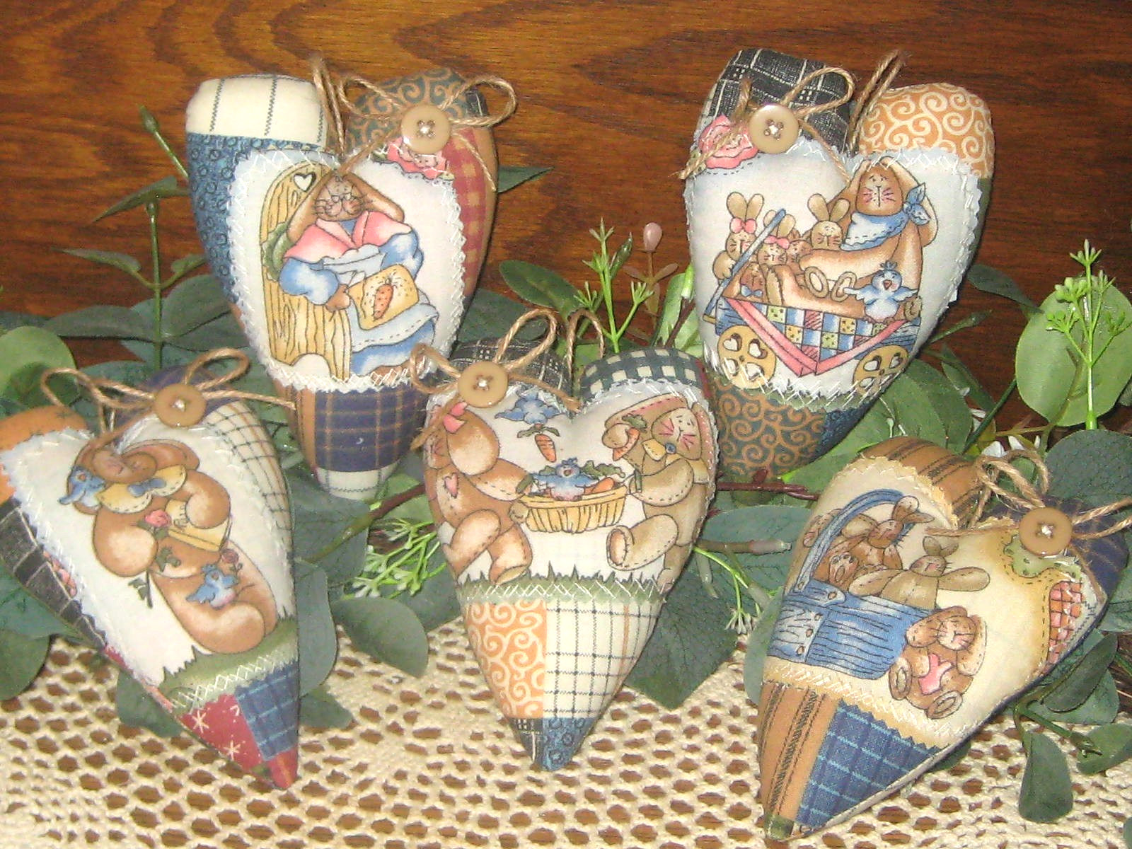Country Easter 5 Rabbit Hearts Bowl Fillers Handmade Gift Cheater Quilt Fabric