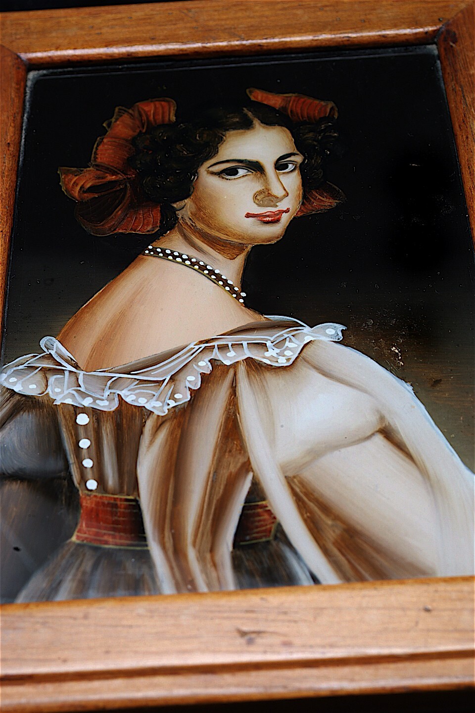 ANTIQUE REVERSE HAND PAINTED AUGUSTE STROBL PORTRAIT EGLOMISE WOODEN BOX