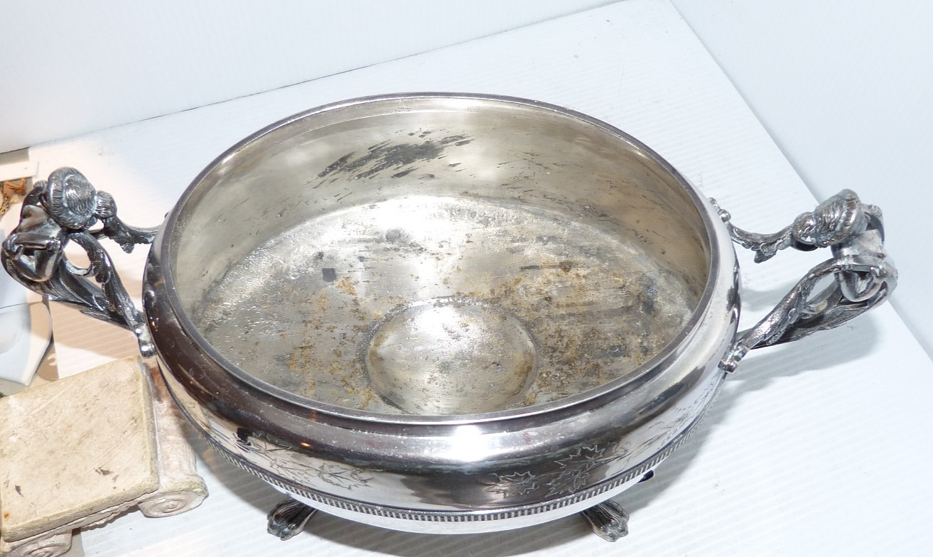Large Ornate Antique Silver Plated Centerpiece Bowl – Women , Lions , Deer Roger