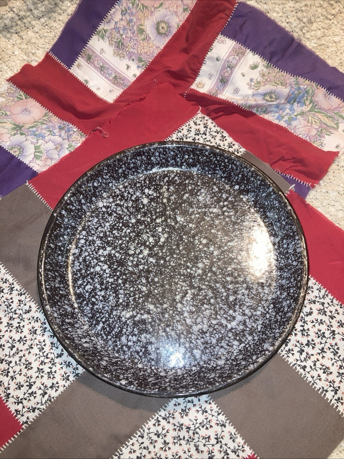 Vintage Speckled Graniteware Pie Plate 9 1/2”Enamelware Grey & Dark Gray Colors