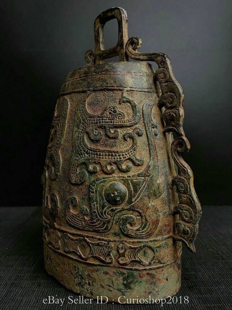 11.2″ Old Chinese Dynasty Bronze Ware Beast Face Pattern Shell Sculpture