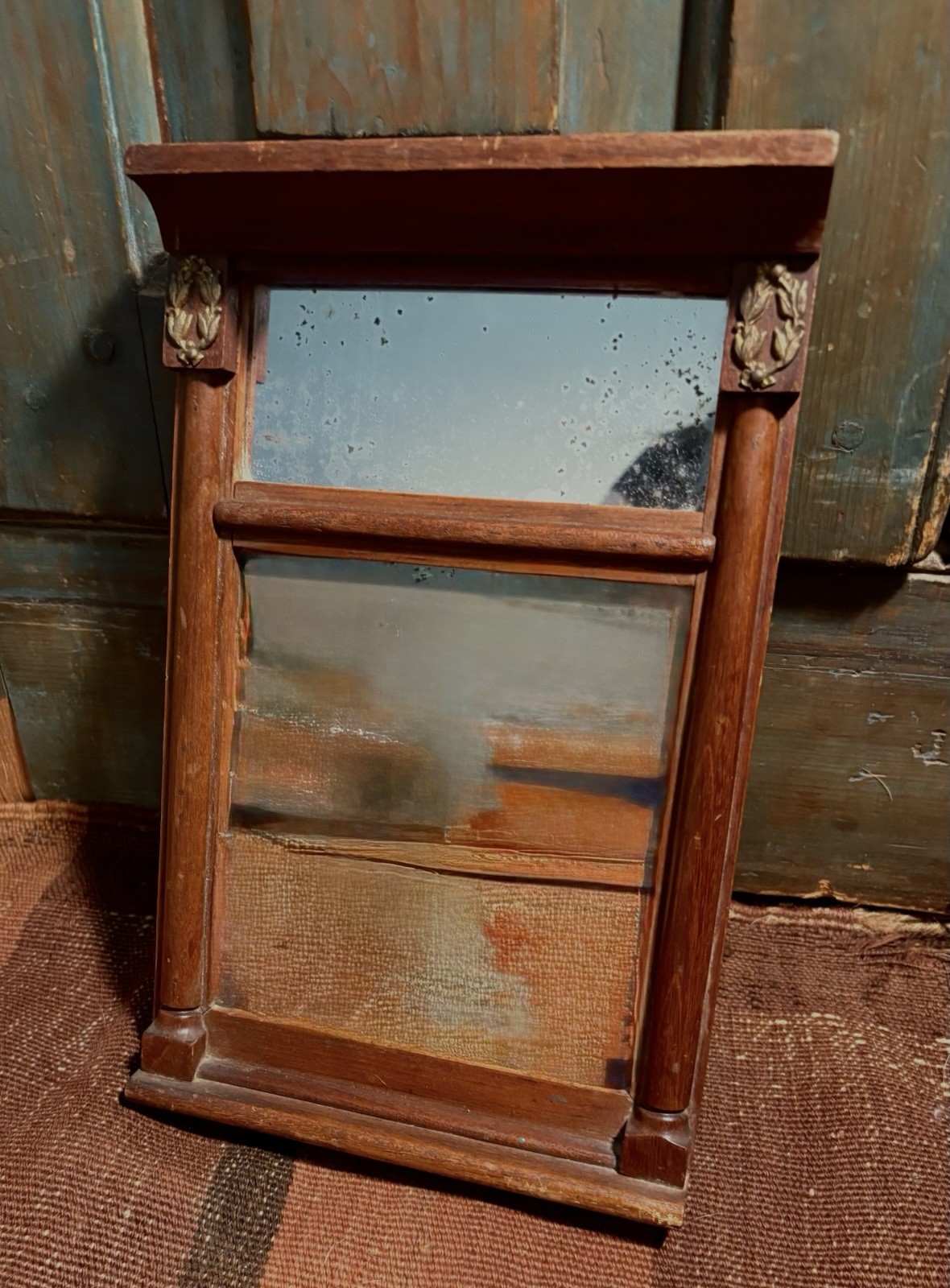 ANTIQUE MINIATURE TRUMEAU MIRROR 2-PARTS W/ OLD ORIGINAL GLASS C:1870
