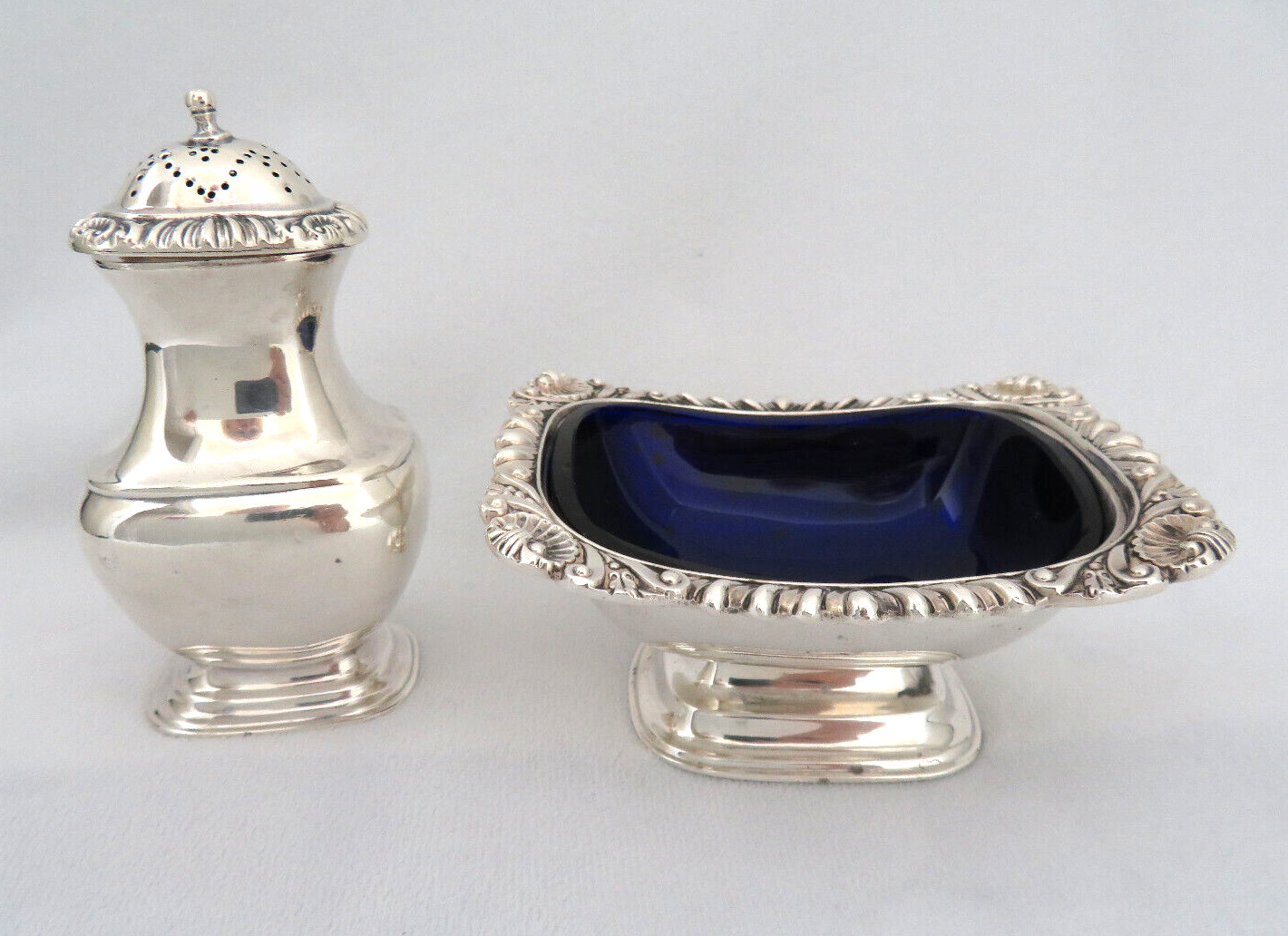 Silver Plated English Open Master Salt Cellar w/ Cobalt Liner & Pepper Shaker
