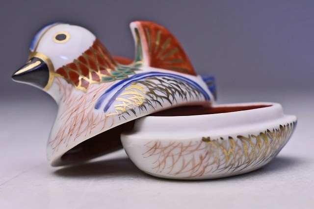 Porcelain Kogo box Mandarin Duck w/Box W3inch Tezuka Shodo Japan Antique