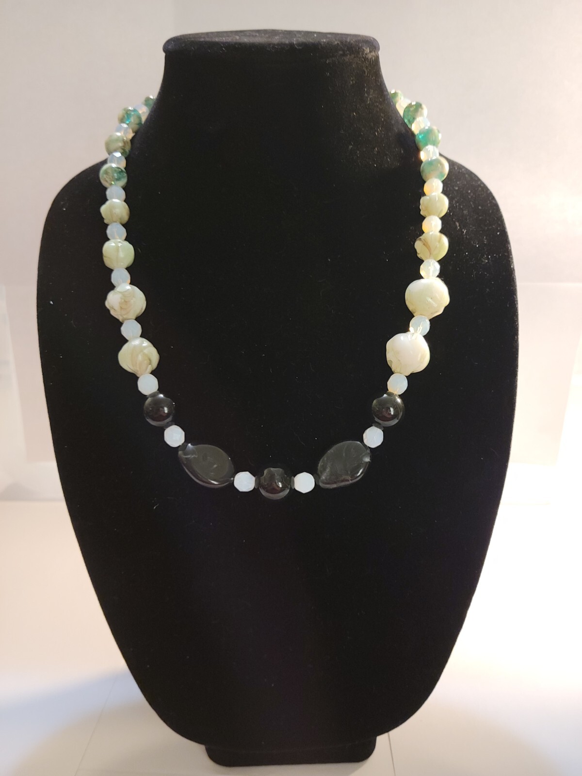 Repurposed Antique Light Green and Black 18″ Beaded Necklace