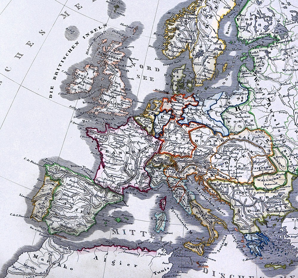 1847 Stieler Map Europe France Spain Italy Germany England Austria Sweden Norway