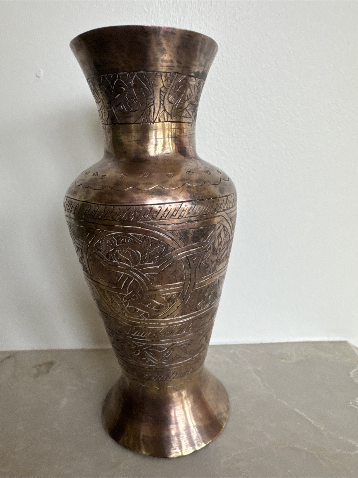 Antique Middle Eastern metal vase Cairoware Moorish Syrian Copper Brass 8”