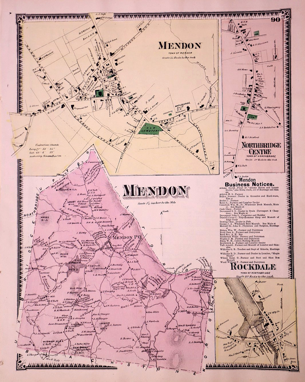 Rare Antique 1870 Plat Map ~ Mendon & Rockdale, Worcester County, Massachusetts