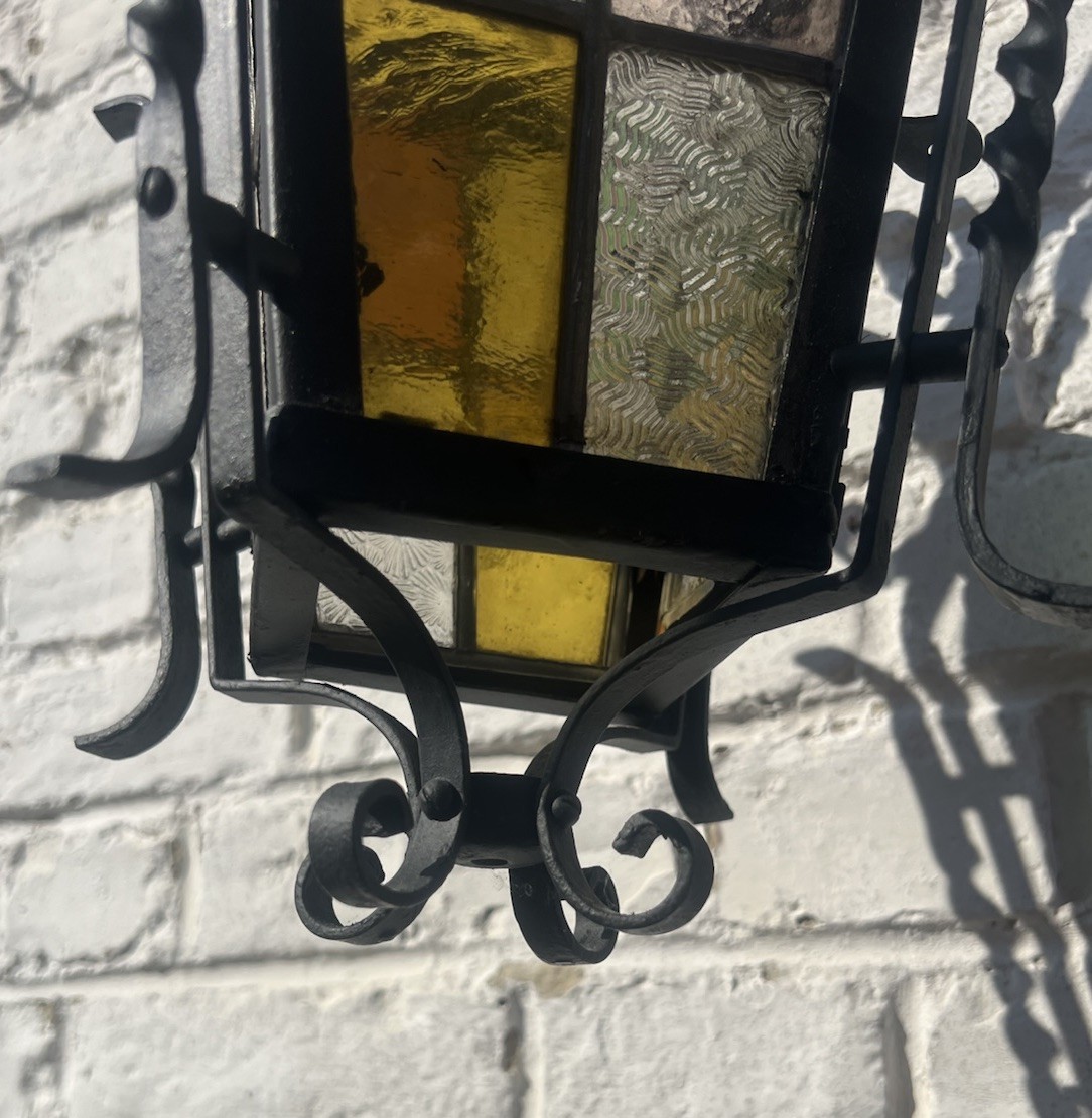 French Lantern Antique Pendant Light Fixture Porch Stained Glass Wrought Iron