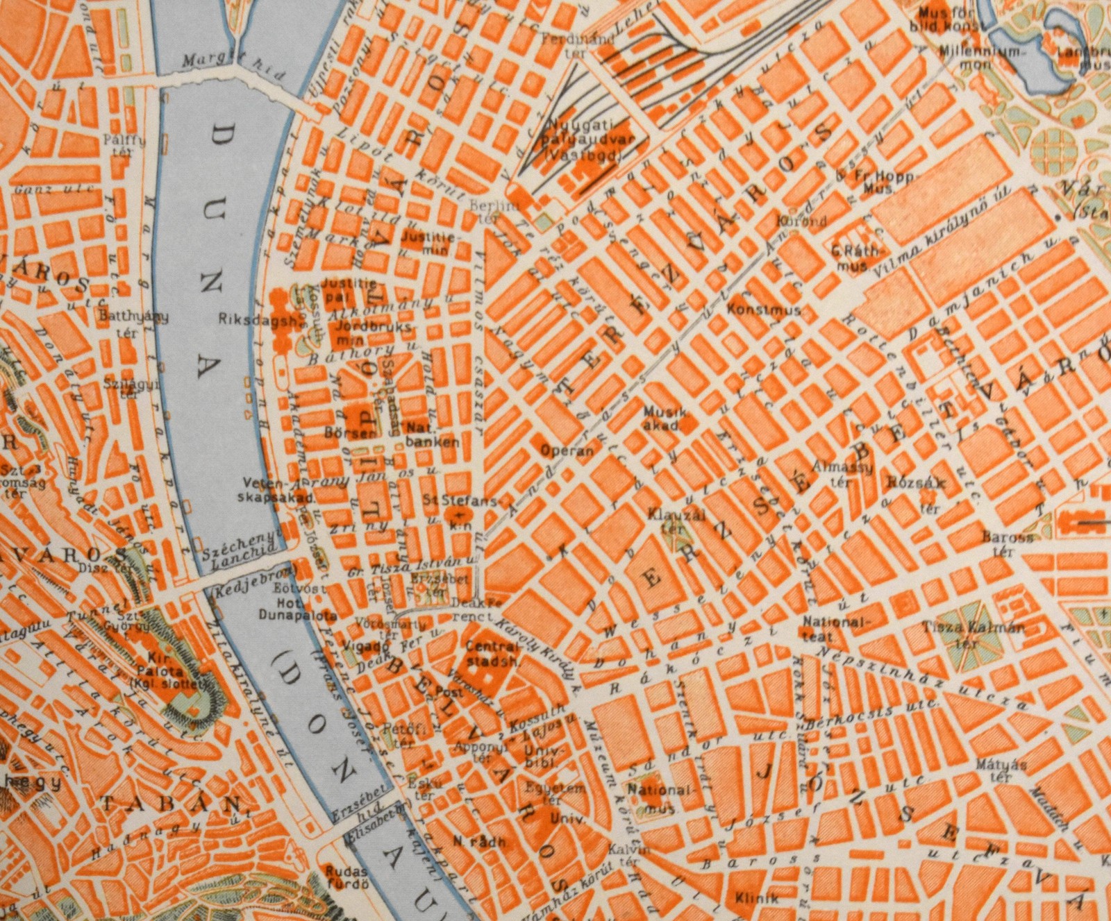 Map of Budapest, Hungary, Swedish Encyclopedia Plate 1950’s