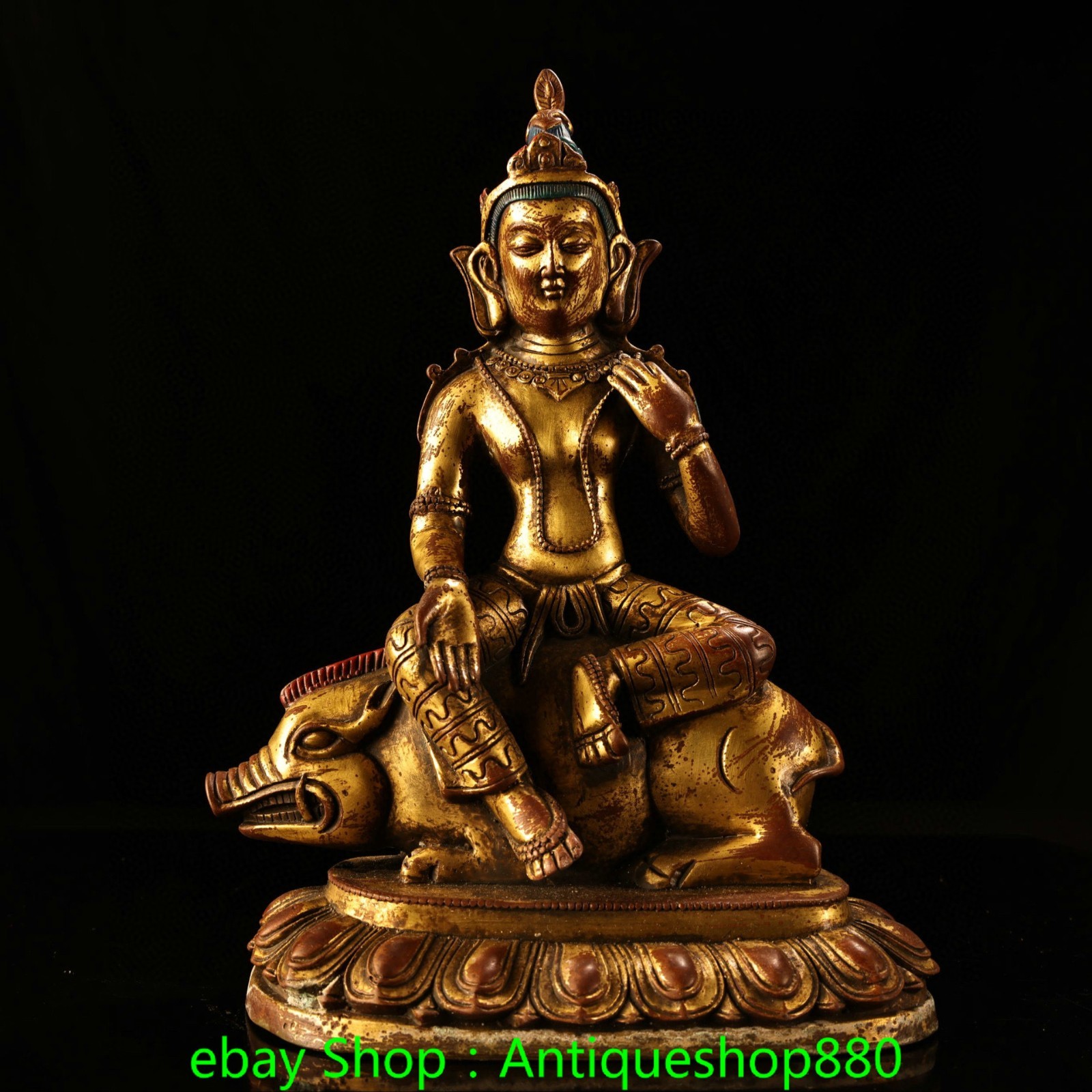10.6″Old Tibet Bronze Gilt Pig Kwan-yin Guan Yin Boddhisattva Buddha Statue