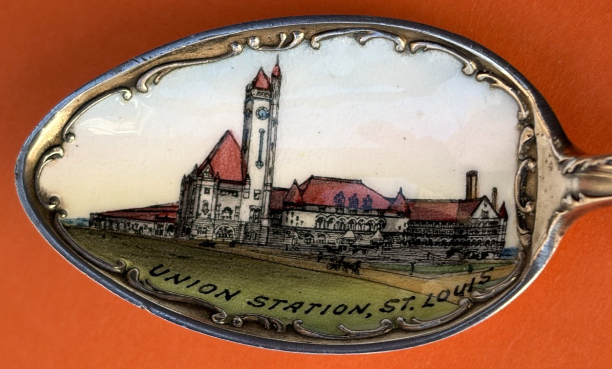 ENAMEL ST. LOUIS MISSOURI RAILROAD UNION STATION STERLING SILVER SOUVENIR SPOON