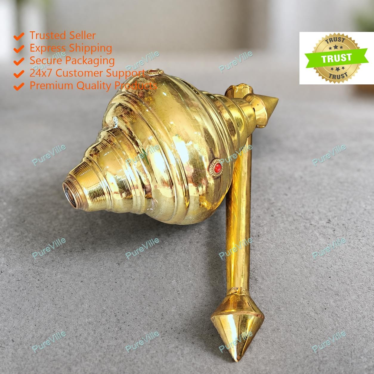 29.5 In Golden Gada Brass Temple Hanuman Ji Red Stone Ghota Hinduism