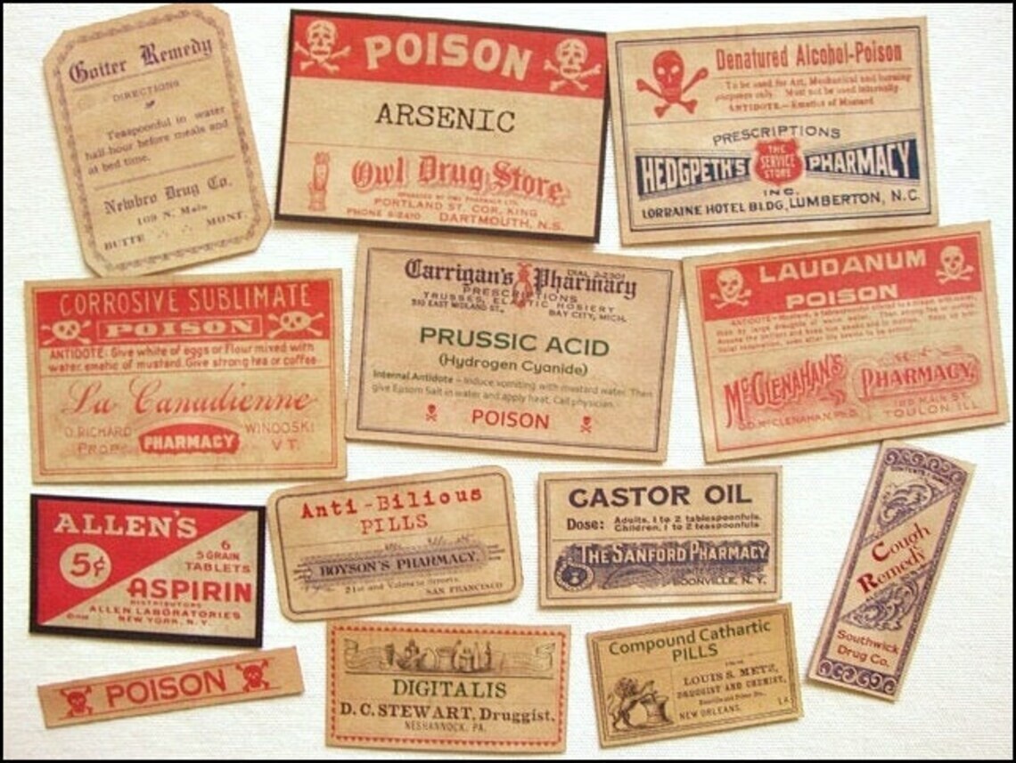 13 POISON Vintage-look APOTHECARY LABELS Halloween Decor/Primitive & Tea stained