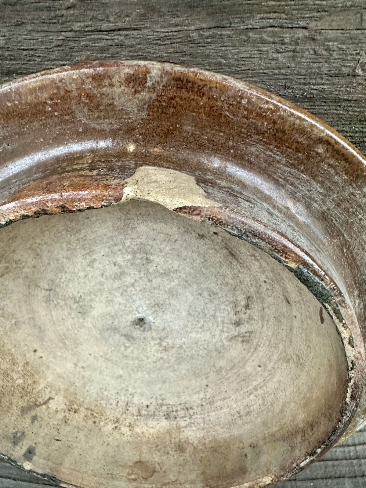 Antique 1800’s Primitive Rustic Brown Green & Tan Stoneware Crock Lid 8”