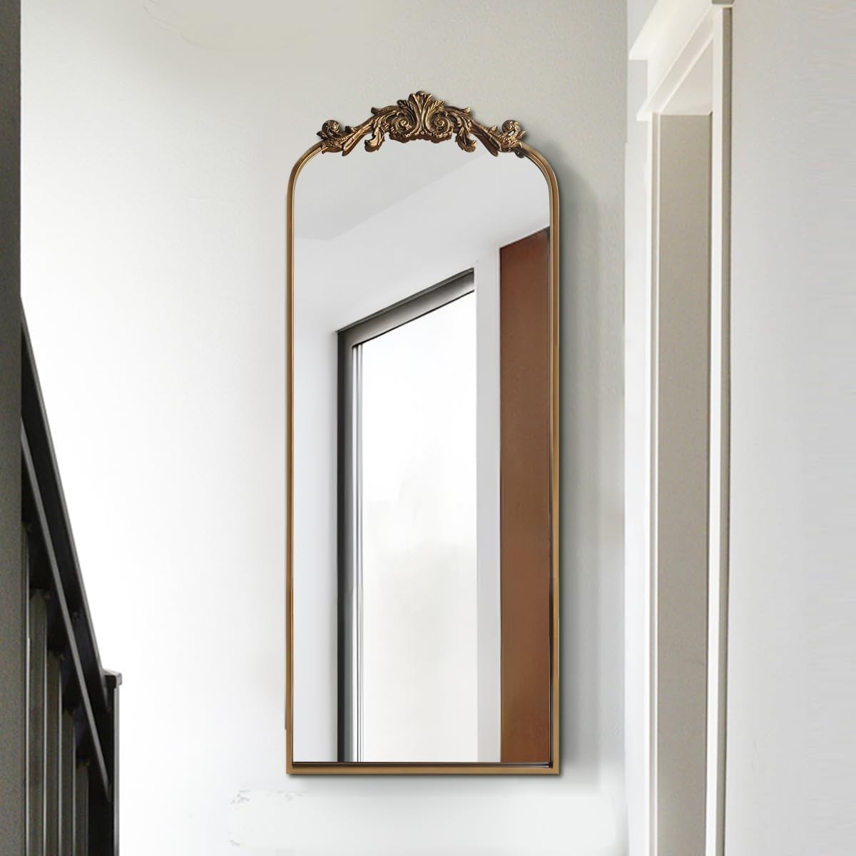 Large Gold Antique Mirror, Tall Arched Floor Mirror,Ornate Design Vintage Wall M