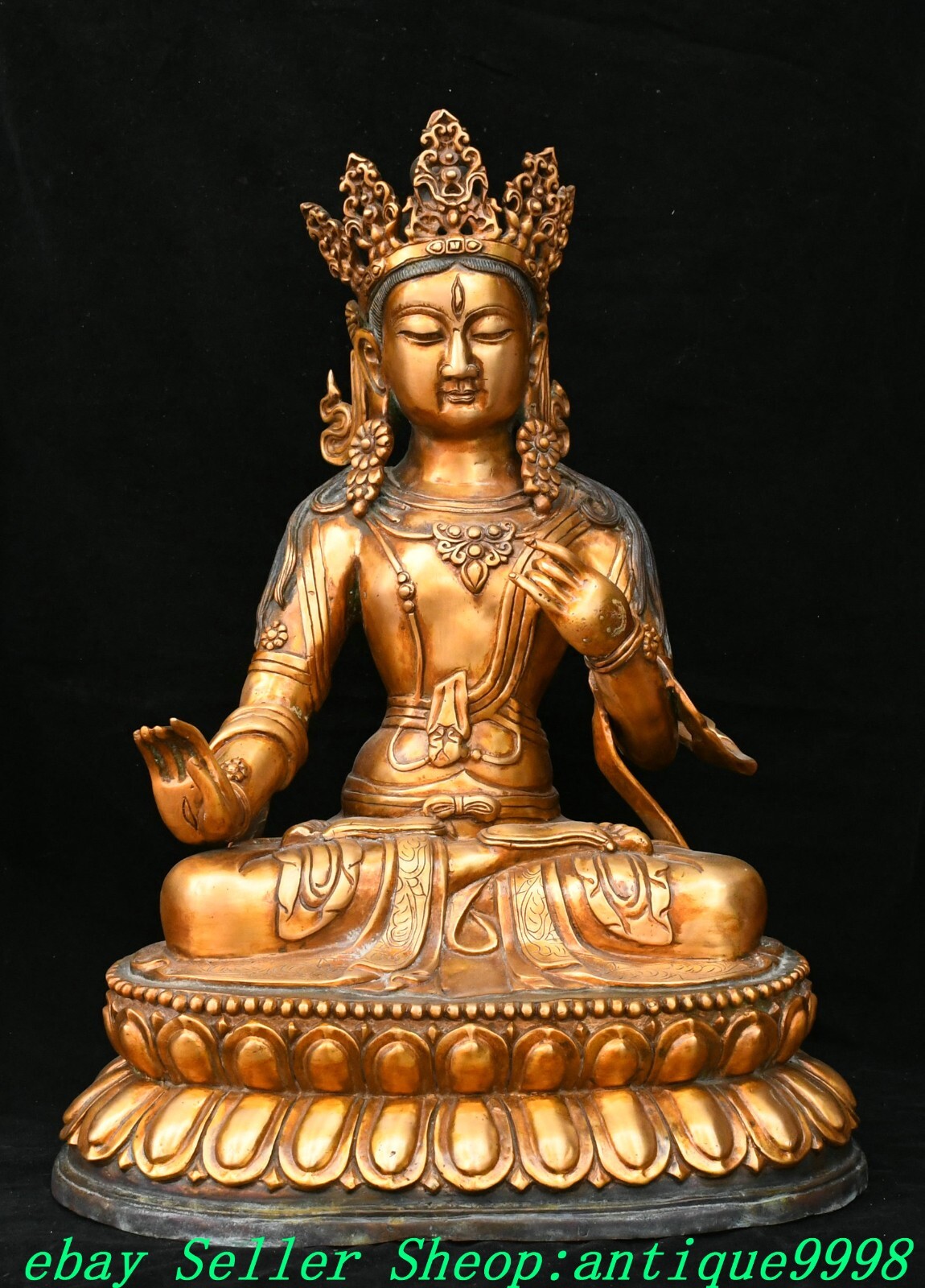 Old Tibet Buddhism Purple Copper Gold 7 eyes White Tara Goddess Buddha Statue