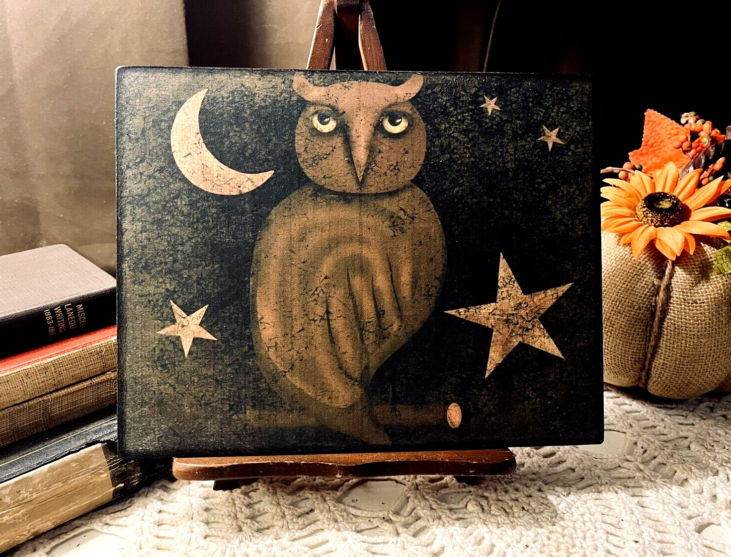 OWL, Moon & Stars Primitive Folk Art Artist Canvas Flat Board Sign