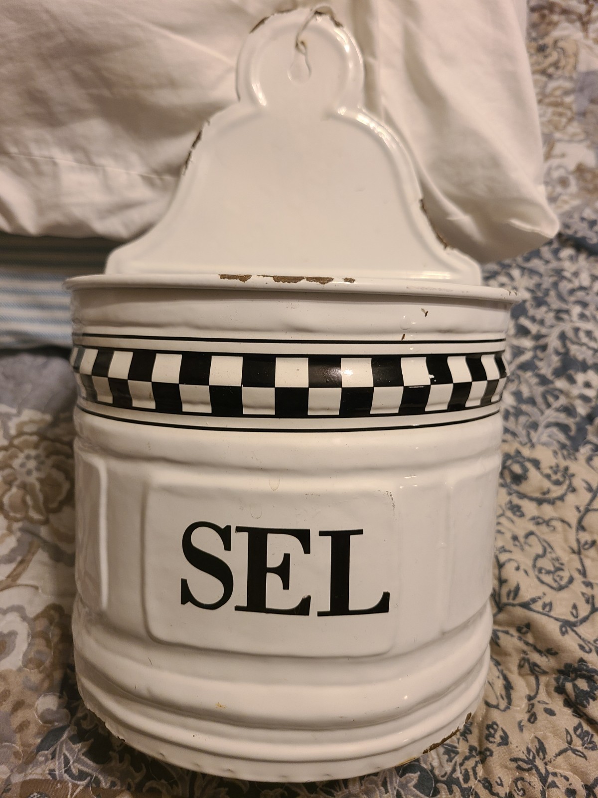 Large Antique Enamel Potholder Sel Salt Box. Black White Checkerboard