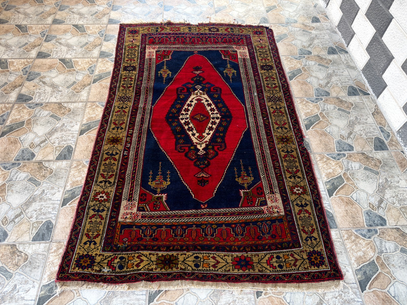 1970s Geometric Turkish Vintage Area, Tribal Handmade Anatolian Rug 4.1×6.5 ft