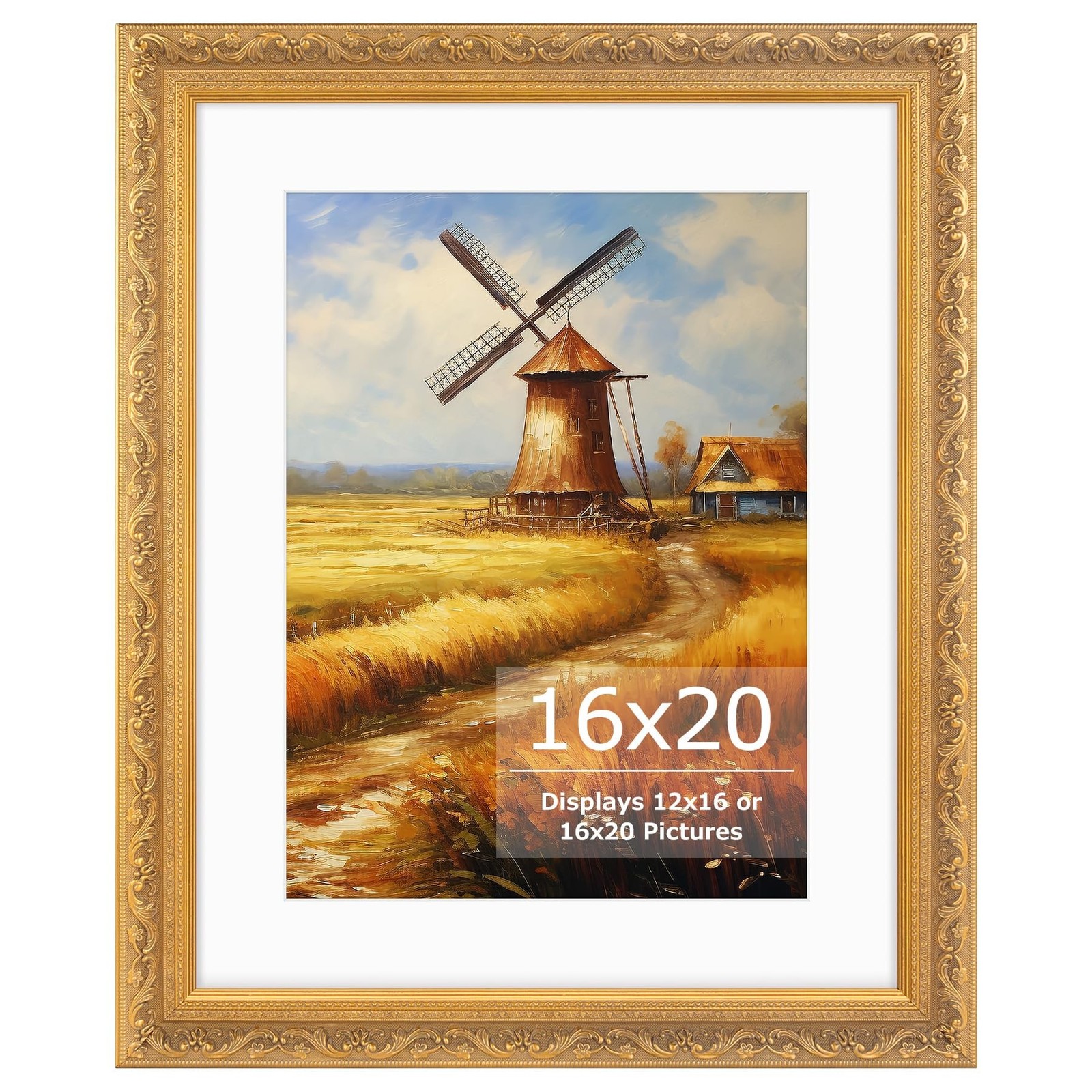16×20 Picture Frame with White Mat, Ornate Vintage Finish, Gold Wall Frames 1…
