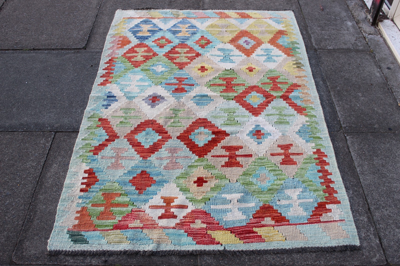 Kilim Vintage Traditional Hand Made Oriental Blue Green Wool Kilim 156x105cm