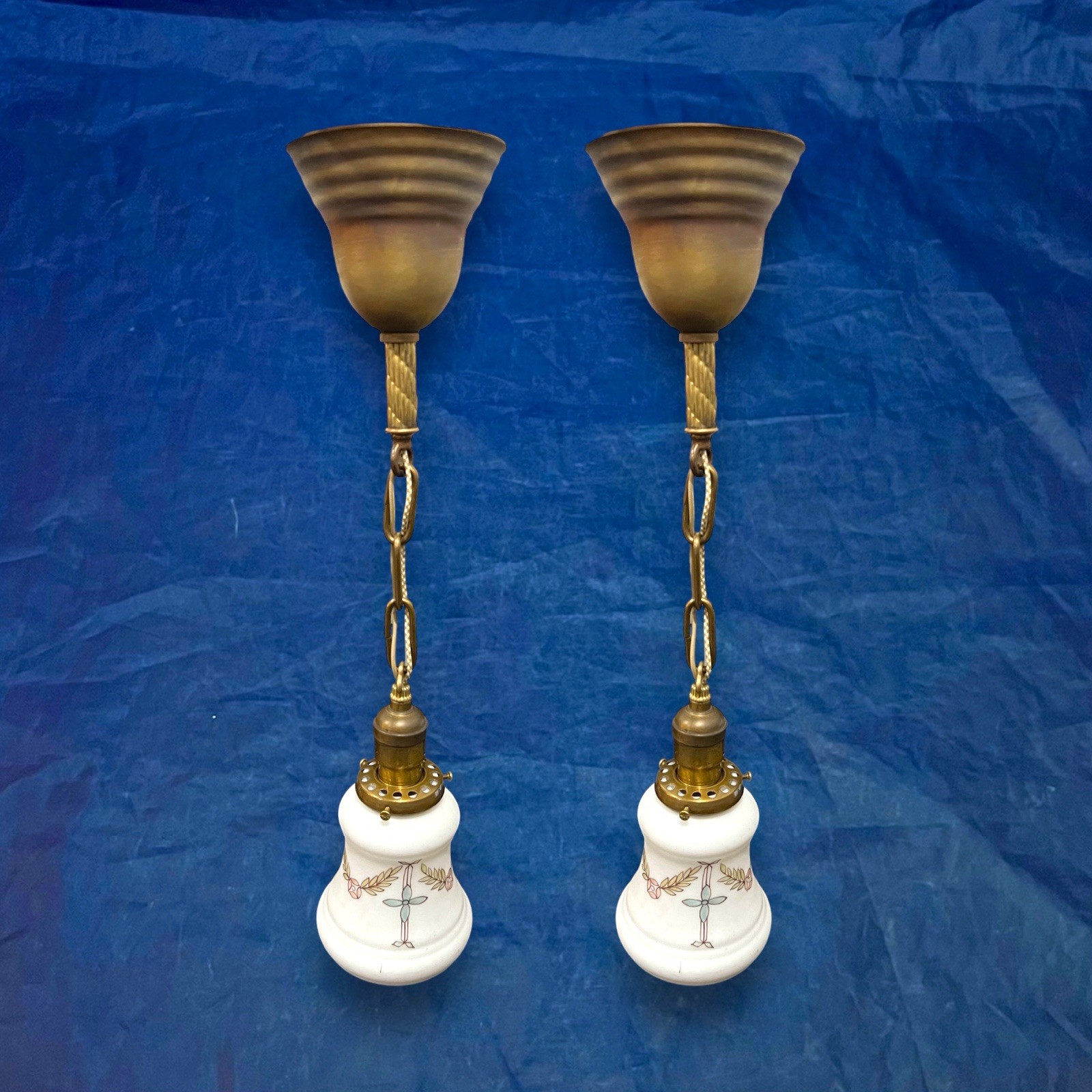 Pair Pendant Lights White Shades Rewired 13H