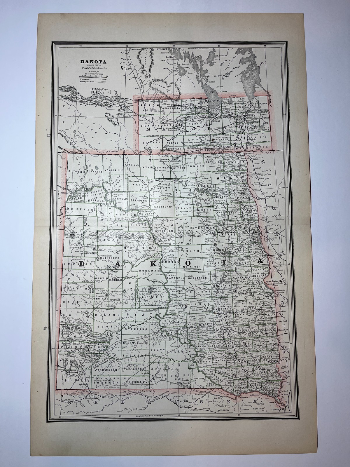 1887 **Large** Map of the DAKOTAS (North & South Dakota) SEE DESCRIPTION