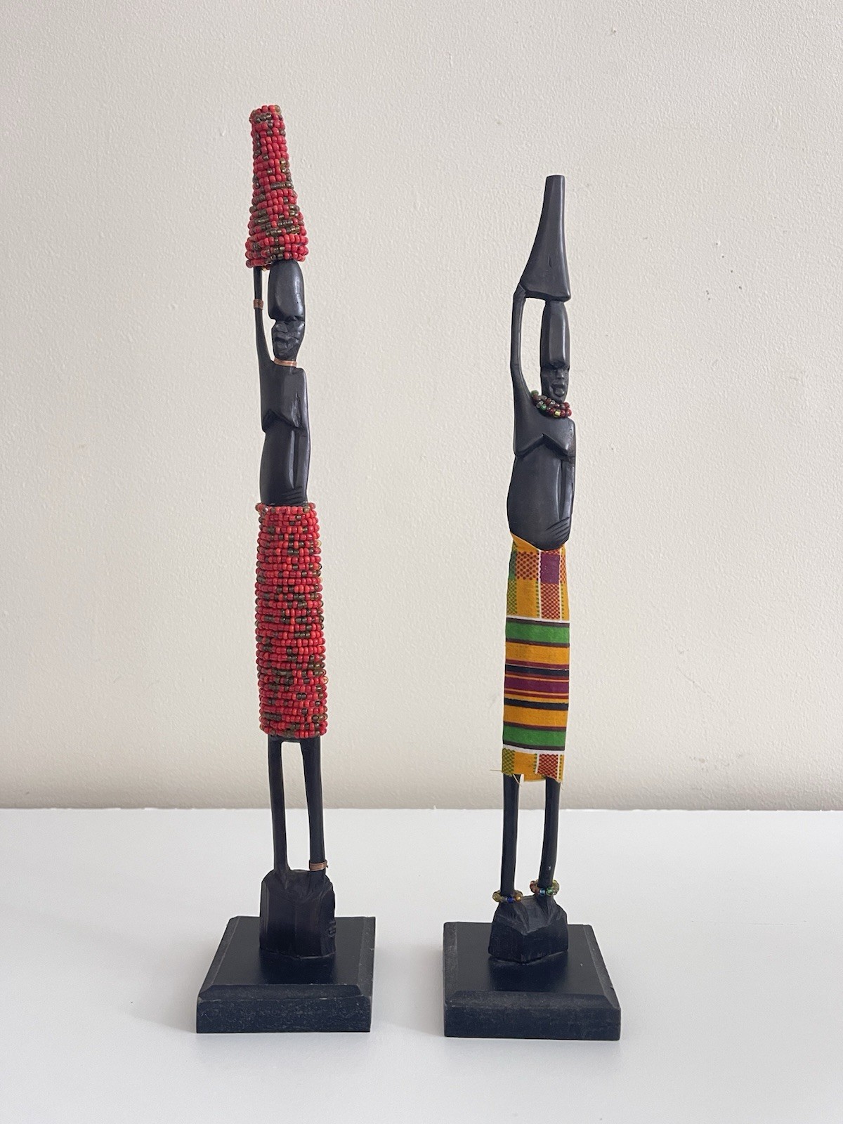 African Wooden Figurines Pair 15” Tribal Decor Beaded Kente Fabric Statues Art