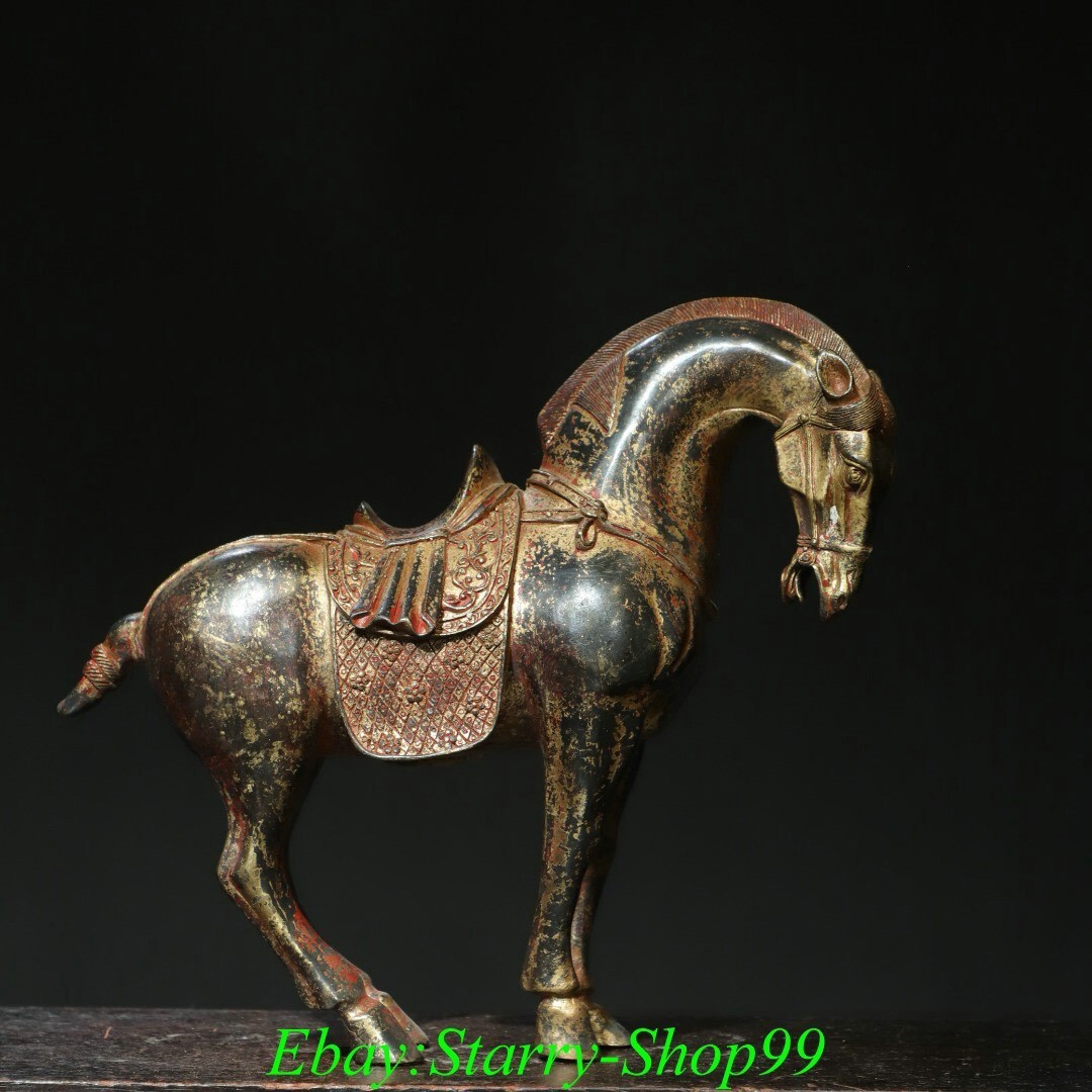 10″ Old Chinese Dynasty Bronze Gilt Feng Shui 12 Zodiac Horse Animal Statue