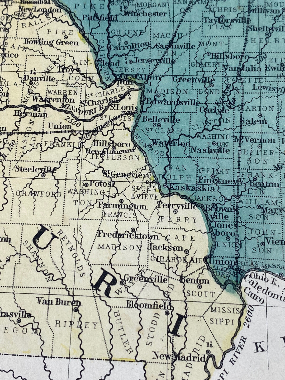 1853 Hand Colored Map ILLINOIS, MISSOURI, IOWA ~ Railroad, State Population