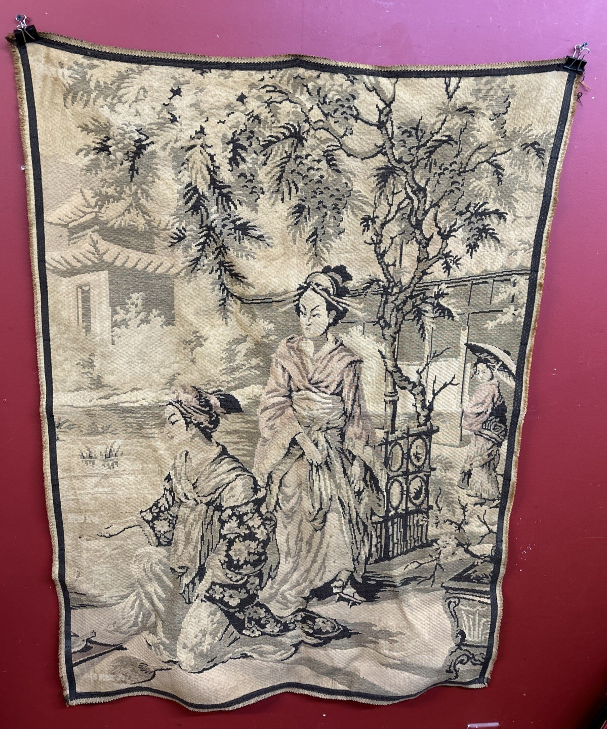 Antique French Handwoven Japanes Geisha Jacquard Fringe Wall Hanging 49” X 37”