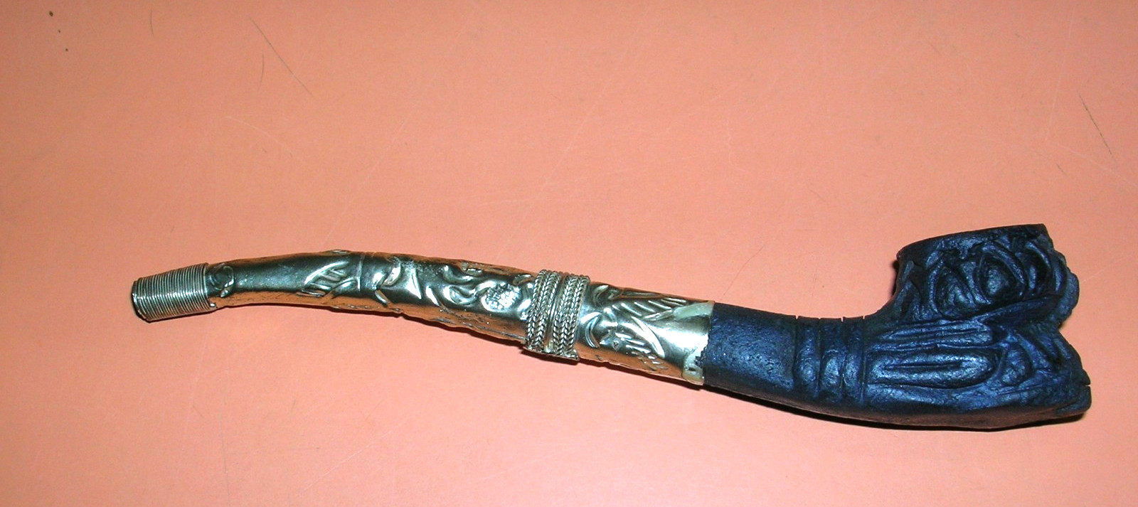 Antique Smoking Pipe with Clay Bowl and Silver Stem 4.5″ , Thai Burmese