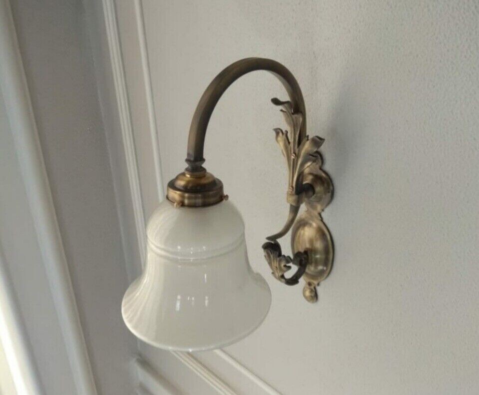 Antique Art Nouveau Brass & Milk Glass Shade Wall Light Vintage Wall Sconce Lamp
