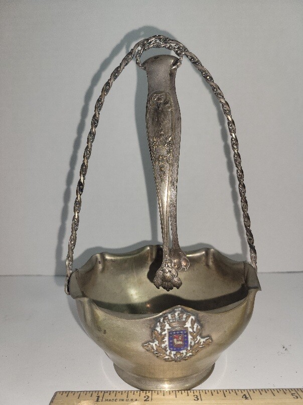 Silver Olive Sugar Dish with Tongs French D L Carcassonne Crest ANTIQUE