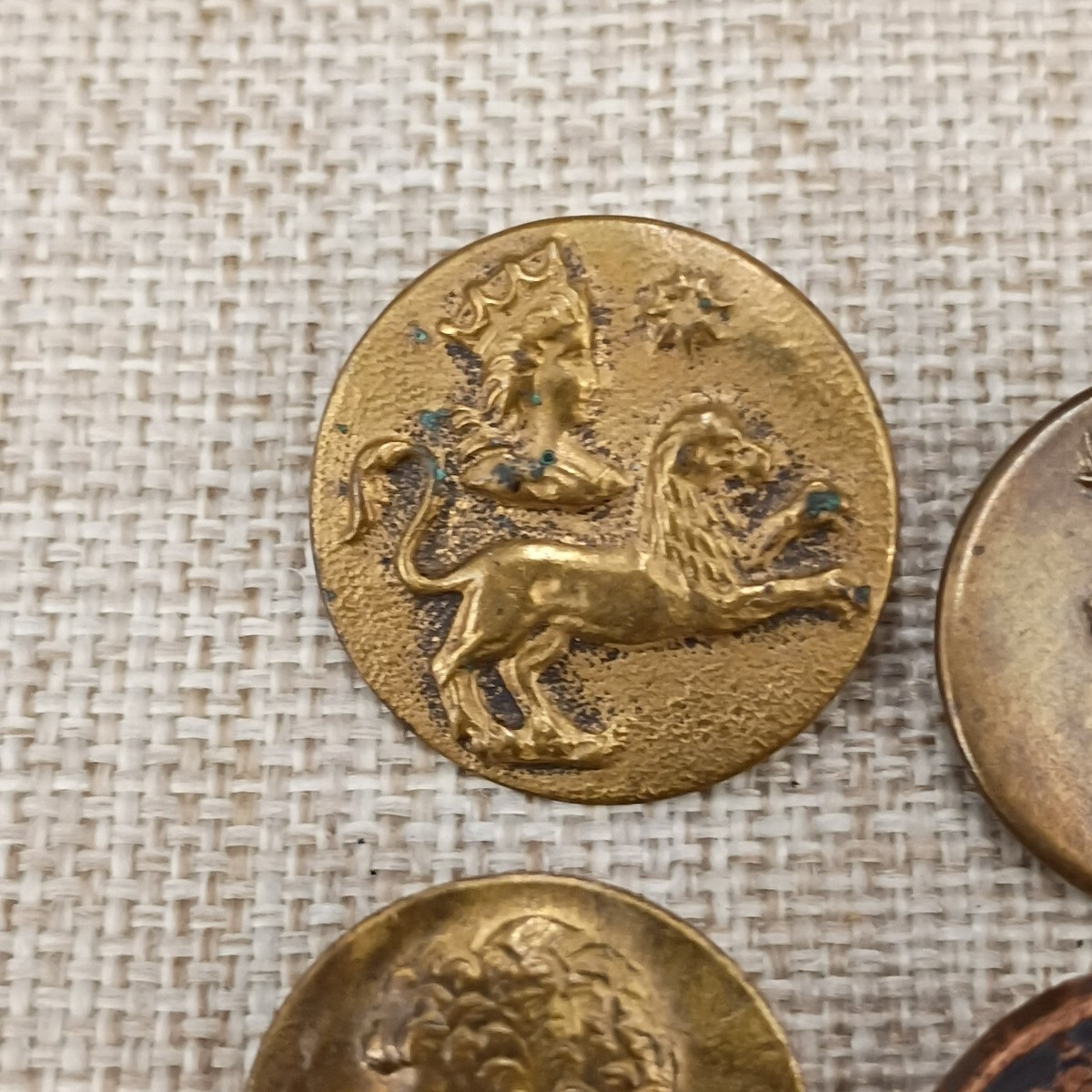 Antique Brass Mythical Figural Button Lot Griffin Roman Coin Deer Metal Shank