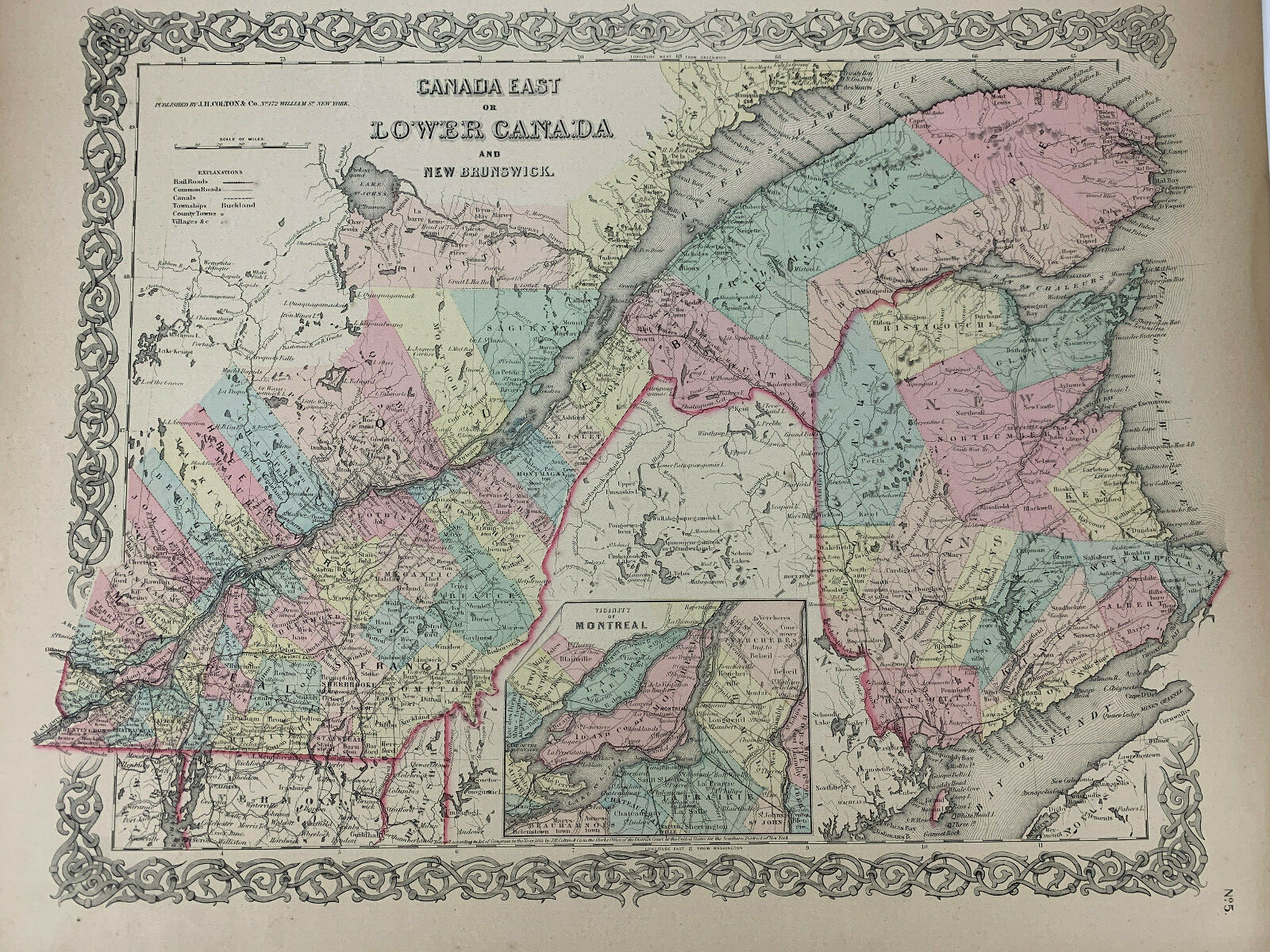1855 Lower East Canada Montreal New Brunswick Map Hand-Colored Colton’s Atlas
