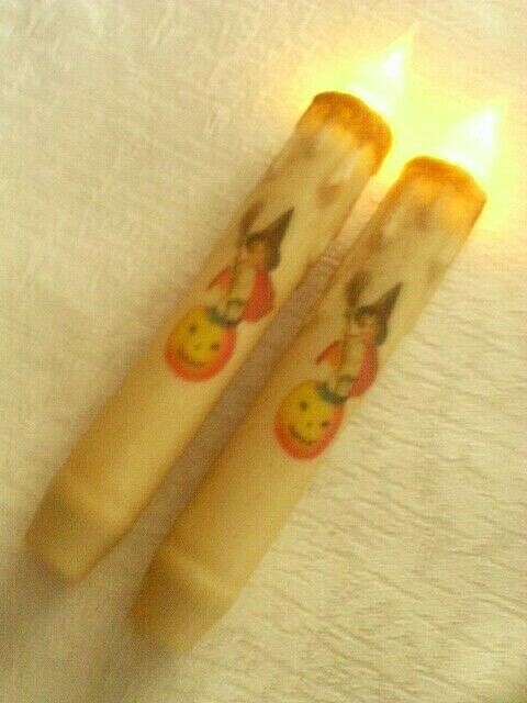 NEW 2 HALLOWEEN WITCH TIMER TAPER CANDLES 6.75″ JACK O LANTERN GIRL PUMPKIN