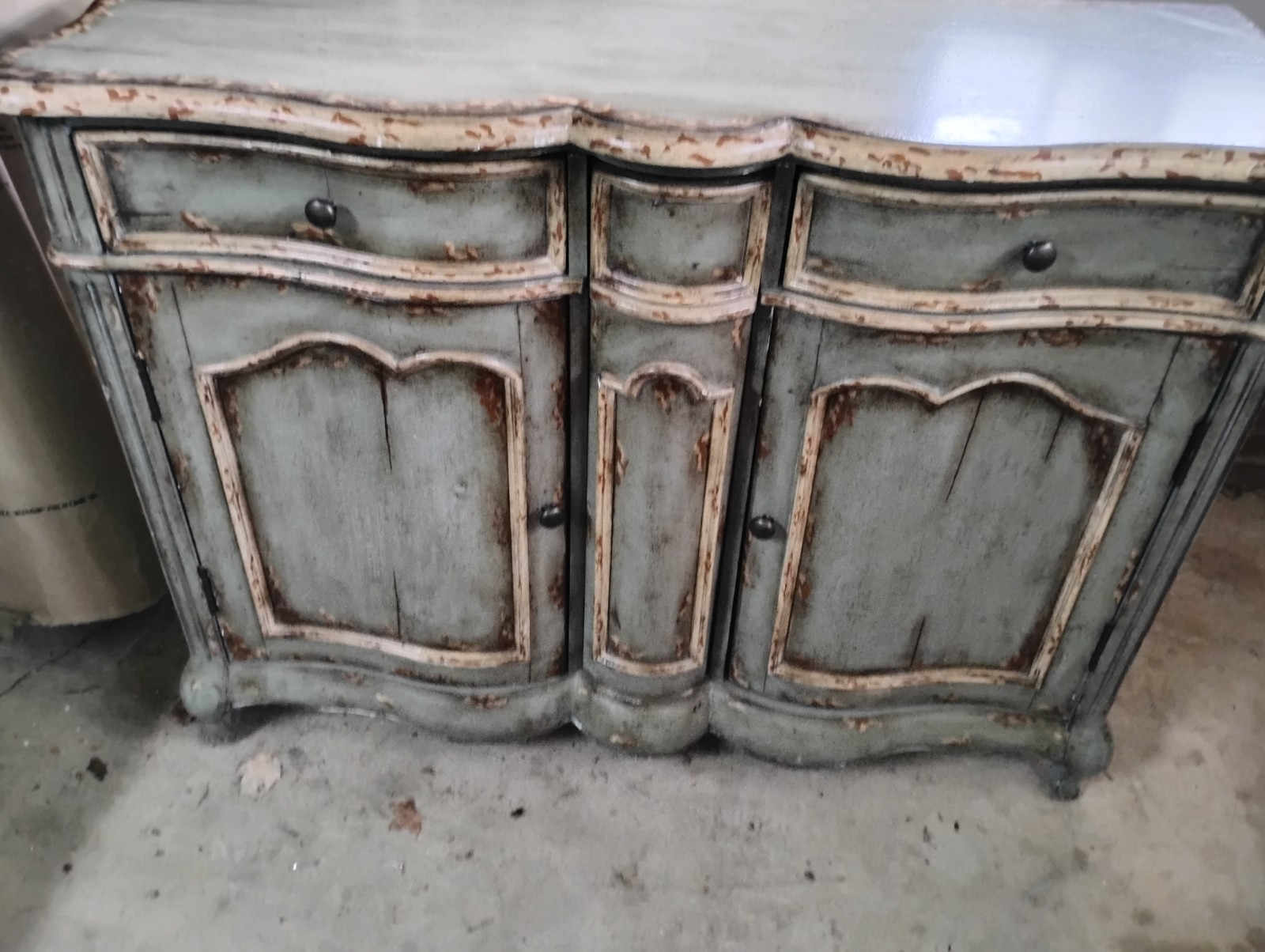 Antique Distressed Blue Wood Base Cabinet Raised Panel Doors Drawers Carvings