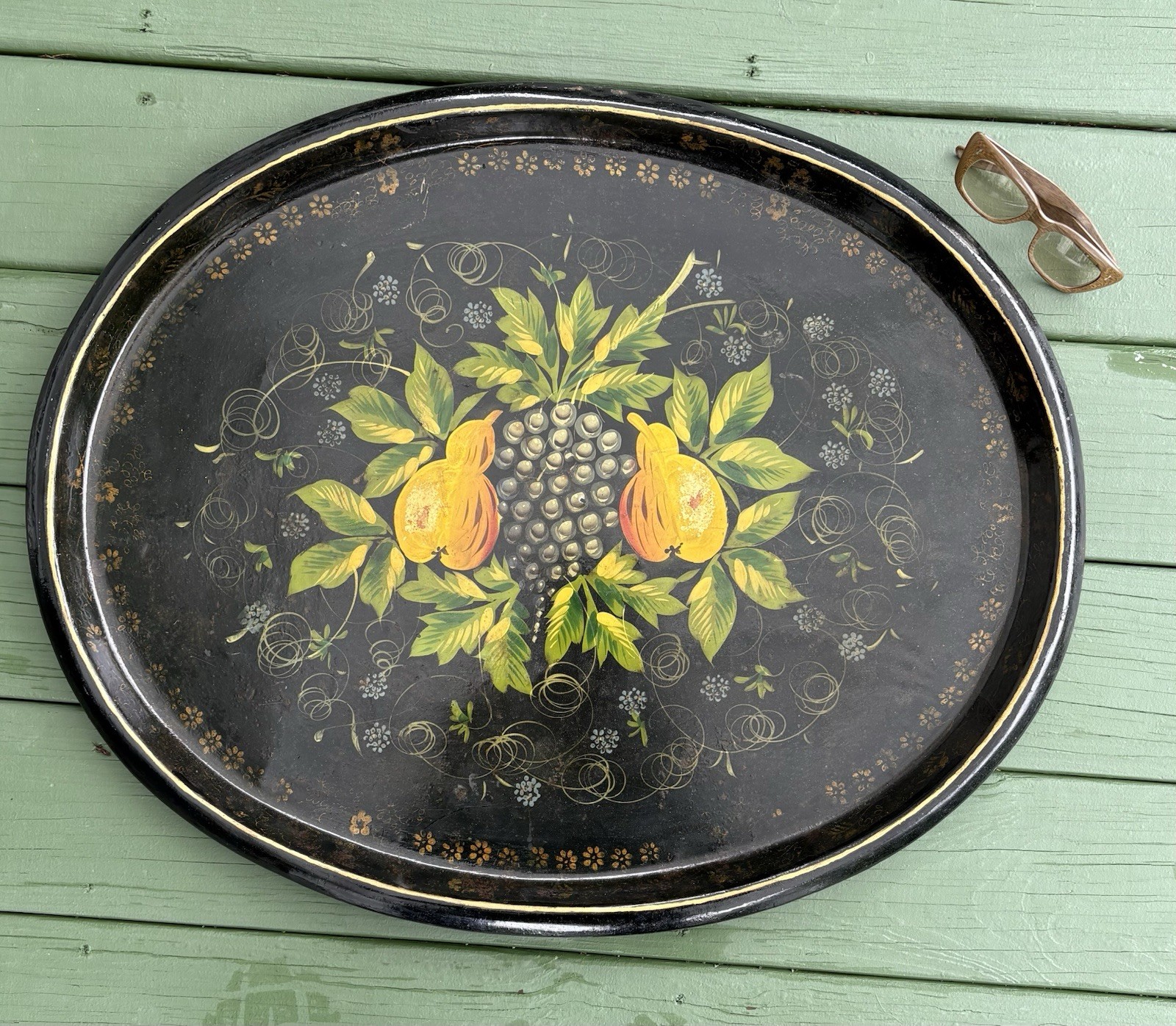 ANTIQUE TOLEWARE TRAY LARGE HANDMADE WITH PEARS GRAPES AMERICAN FOLK ART 19TH C