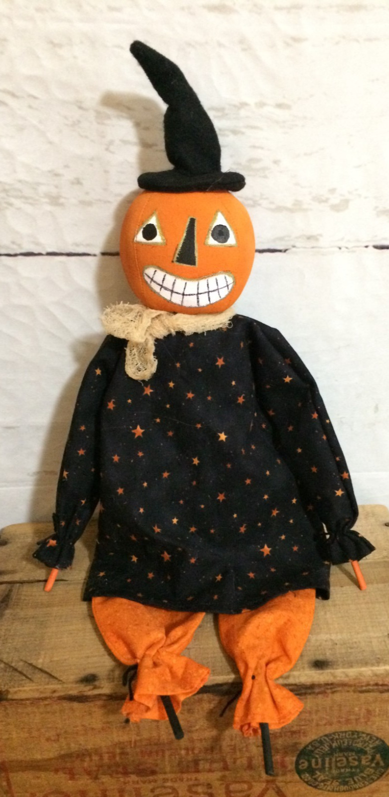 Primitive Halloween PUMPKIN HEAD DOLL – Handmade Folk Art Home Decor