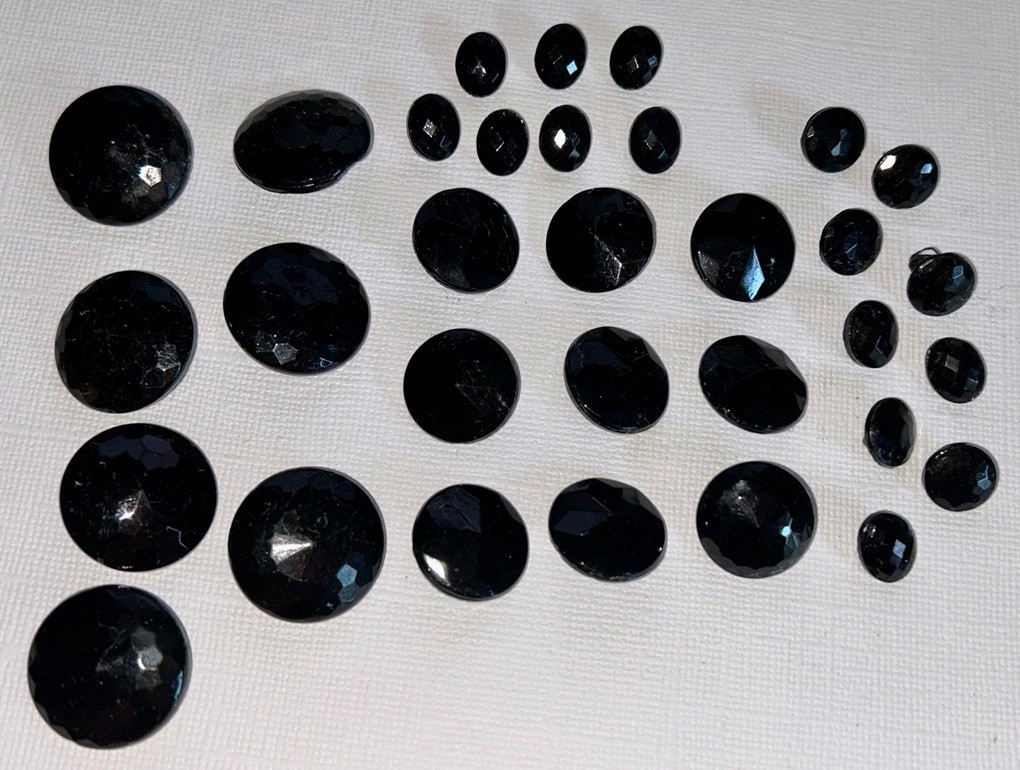 31 VINTAGE CZECH BLACK GLASS FACETED BUTTONS WITH SELF SHANK